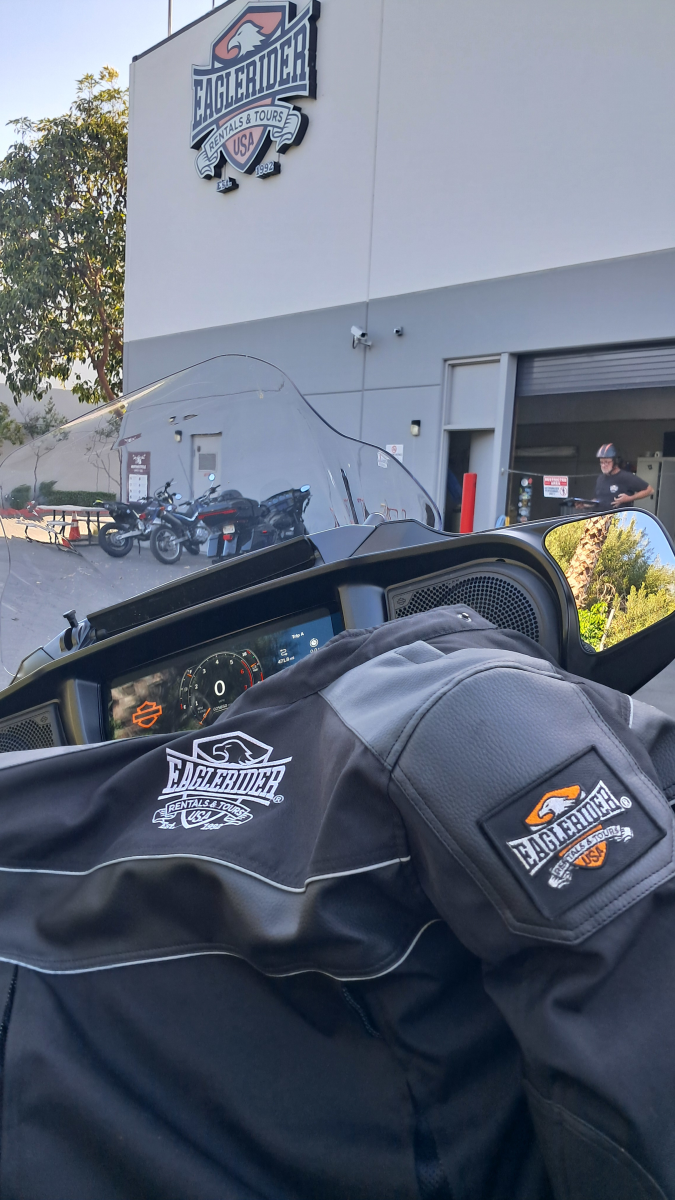 EagleRider jacket on a bike